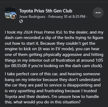 Screenshot of a social media post describing a Toyota Prius Prime service visit and concerns about EV mode operation.