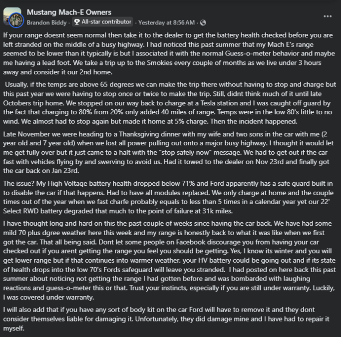 Screenshot of a Facebook post discussing Ford Mustang Mach-E battery range issues and high-voltage battery failure experience
