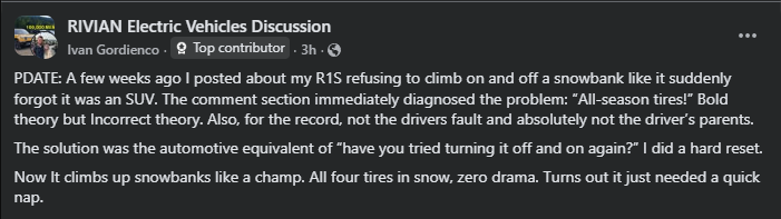 Screenshot of Rivian Electric Vehicles Discussion Facebook post describing an R1S snow driving issue resolved with a system reset and all-season tires.