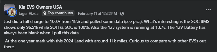 Screenshot of Kia EV9 Owners USA Facebook post discussing battery management system data, SOC readings, and 12-volt system voltage after a full charge.