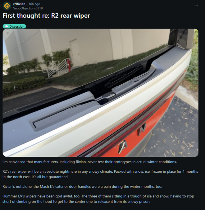 Screenshot of a Reddit discussion post showing a close-up photo of a Rivian R2 rear wiper design with user comments below.