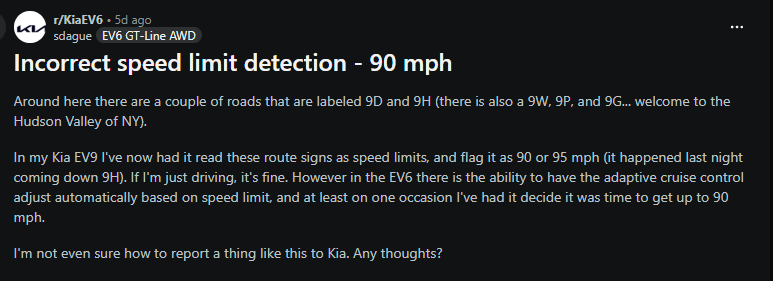 Screenshot of a Reddit post discussing incorrect speed limit detection in a Kia EV6 with text explaining a 90 mph speed limit error.