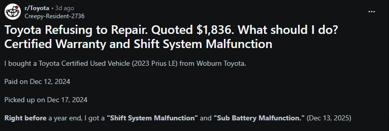 Reddit post discussing Toyota refusing certified warranty repair for Prius shift system malfunction