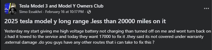 Facebook post screenshot reporting 2025 Tesla Model Y Long Range battery failure and denied warranty repair