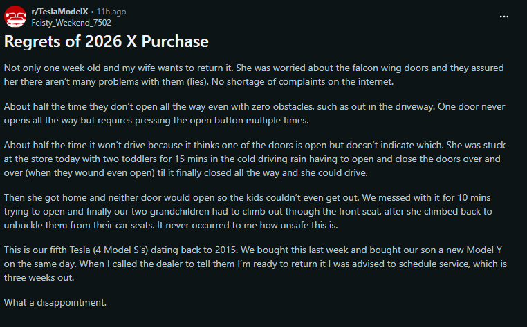 Screenshot of online post describing Tesla Model X falcon wing door malfunction and customer frustration