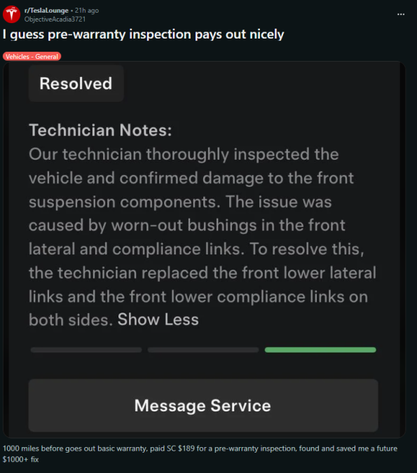 Screenshot of Tesla service app showing resolved suspension repair after pre-warranty inspection