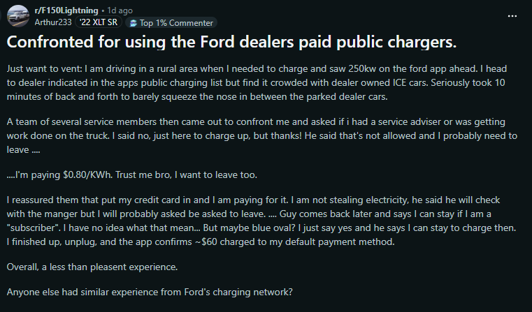 Screenshot of forum post discussing issues using Ford dealership public EV charging stations