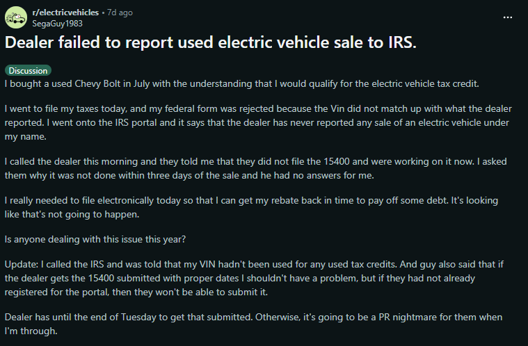 Screenshot of a Reddit discussion about a dealer failing to report a used electric vehicle sale to the IRS, affecting eligibility for the EV tax credit.