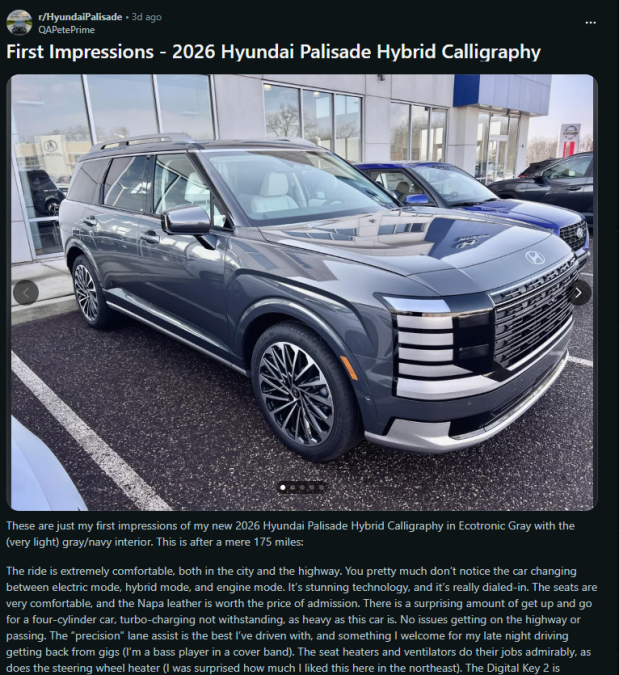 Screenshot of a Reddit post titled “First Impressions – 2026 Hyundai Palisade Hybrid Calligraphy,” featuring photos of a gray Palisade Hybrid SUV at a dealership and a detailed owner review discussing comfort, hybrid performance, interior quality, and driving experience