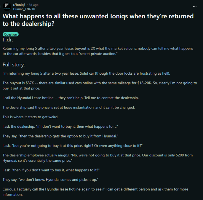 Screenshot of a Reddit discussion asking what happens to unwanted Hyundai IONIQ 5 vehicles after lease returns, describing buyout pricing, dealership policies, and Hyundai’s auction process