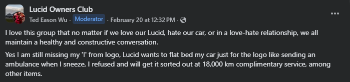 Screenshot of Lucid Owners Club Facebook group post discussing Lucid Air logo replacement and complimentary 18,000 km service.