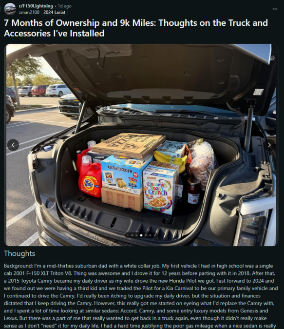 Reddit post showing Ford F-150 Lightning frunk filled with groceries during ownership review