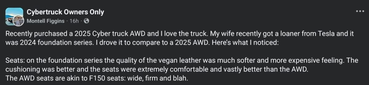 A screenshot from the "Cybertruck Owners Only" Facebook group where a user compares the softer vegan leather seats of the 2024 Foundation Series to the firmer seats in the 2025 AWD model.