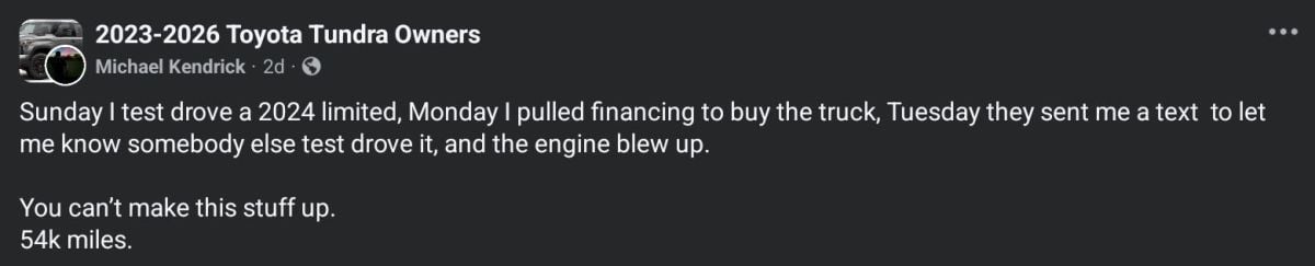 A screenshot of a negative customer review in a Facebook group for 2023-2026 Toyota Tundra Owners, discussing an engine failure on a 2024 model.