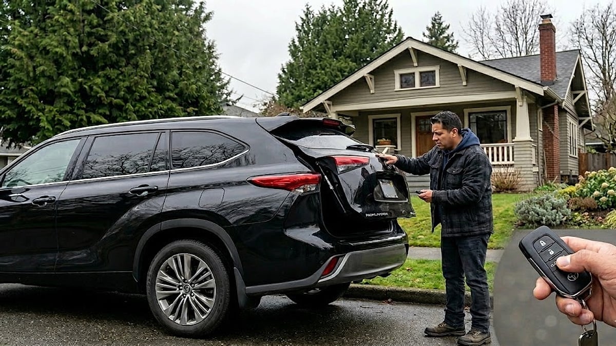 Seattle owner Omar Andrade demonstrates a manual workaround for a total 2022 Toyota Highlander liftgate failure, a repair costing $4,700