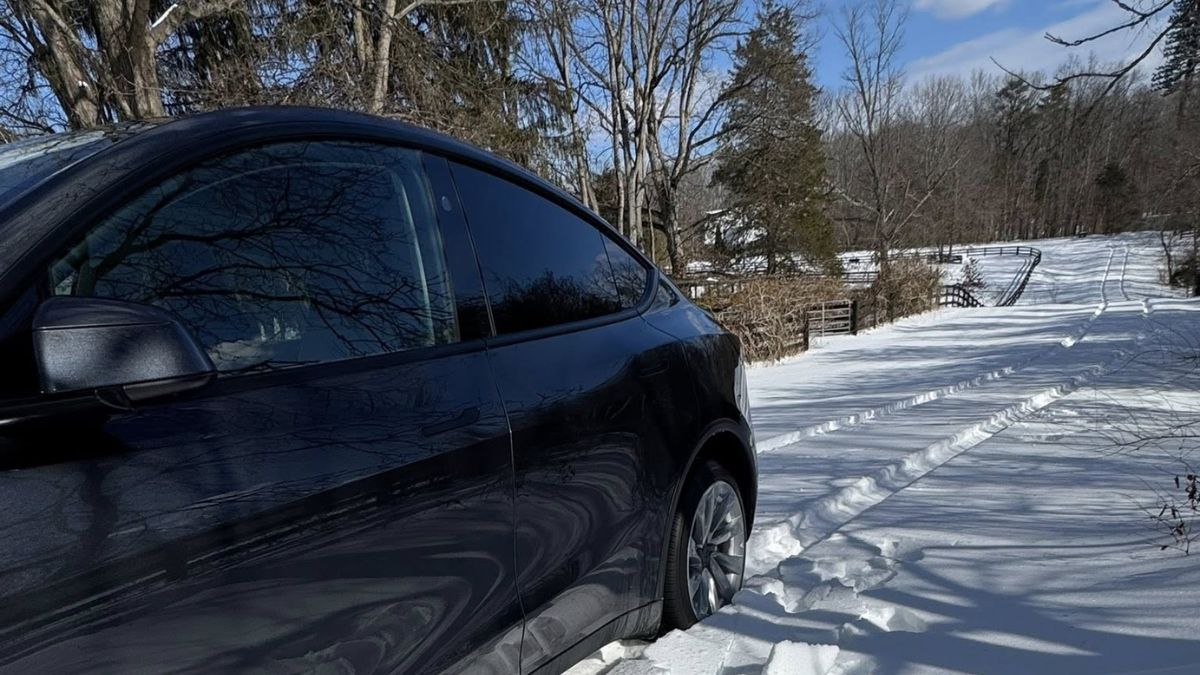 A black Tesla Model Y is shown from the side profile parked in a snowy winter landscape with bare trees and wooden fencing in the background.
