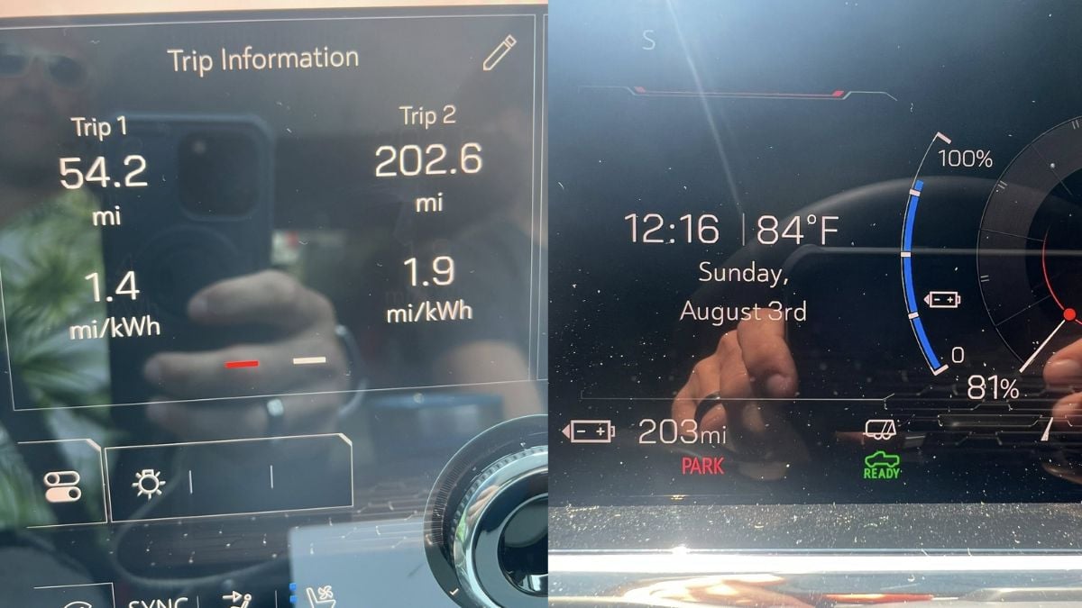 Dashboard display showing trip statistics, including mileage, energy efficiency, time, temperature, and battery status.
