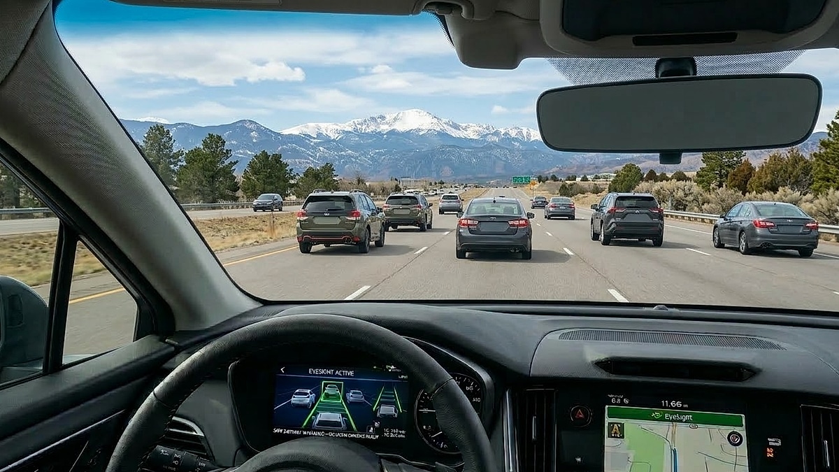 Subaru Outback driver uses EyeSight active safety system on I-25 near Parker, Colorado, with snow-capped Pikes Peak in view