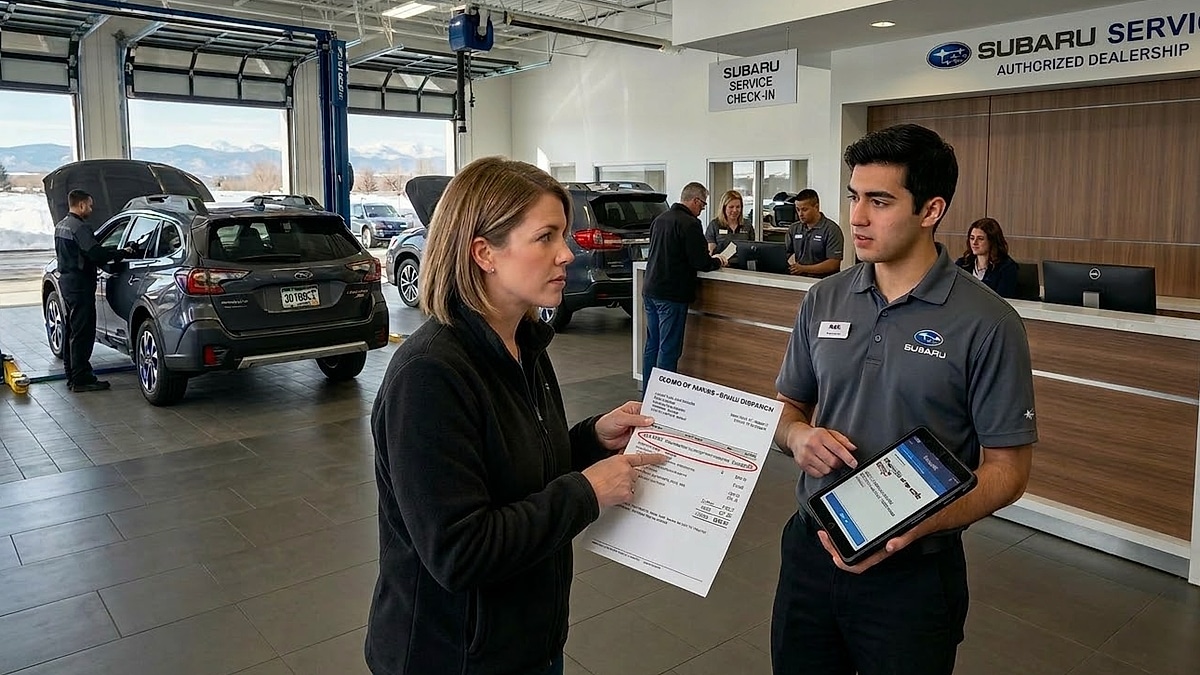 Subaru Outback owner in Colorado, reviews a $400 diagnostic estimate at a local dealership service center