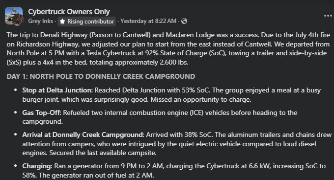 A traveler shares details of a road trip from North Pole to Donnelly Creek with a Tesla Cybertruck, including stops and charging.