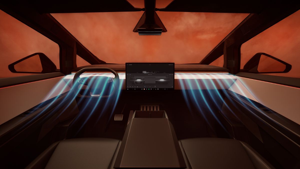 Futuristic Tesla Cybertruck interior with minimalist design, large central touchscreen, and sleek dashboard. Blue airflow lines indicate climate control. Outside, a warm, orange sky.