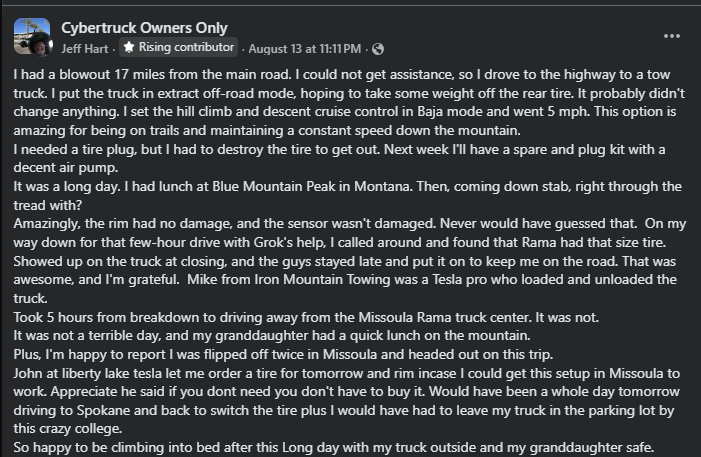 A man shares a story on social media about a tire blowout while driving his Cybertruck, detailing his challenges and roadside assistance experience.