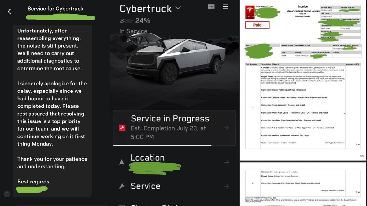 A Tesla Cybertruck Owner Says His Truck Has Spent 50 Days in Service Because of a Minor Squeaking Noise Complaint – Adds, “Impressive Technology but Suffers From Basic Build Issues”
