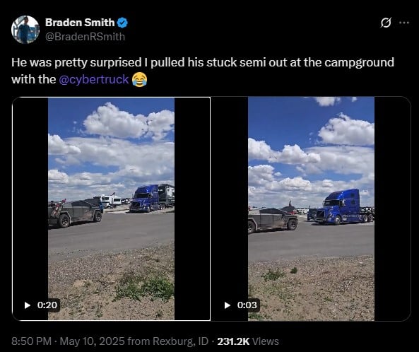 A Cybertruck towing a stuck semi truck at a campground under a blue sky with fluffy clouds, showcasing an unexpected pull.