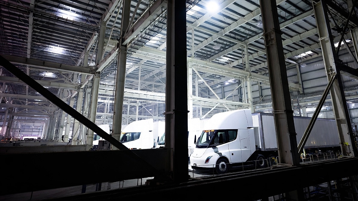 Tesla Cybertruck in production in factory at Gigafactory Nevada