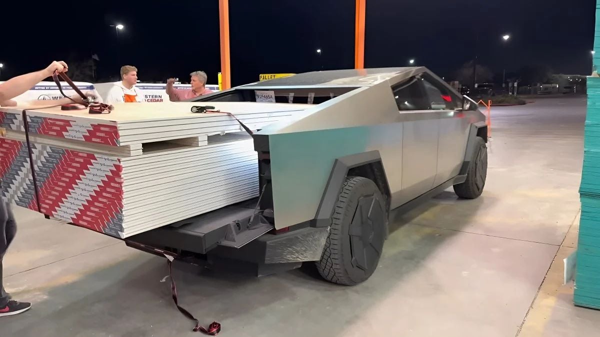 Tesla Cybertruck loaded with drywall