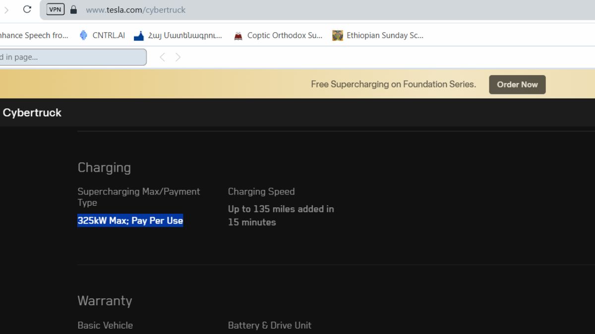 Tesla Cybertruck's maximum charging speed of 325kW screenshot from Tesla's website.