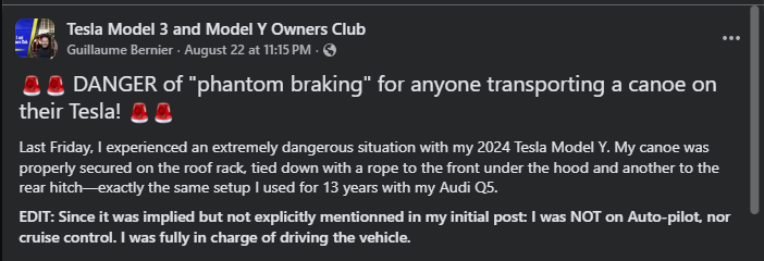 User shares a warning about &quot;phantom braking&quot; while transporting a canoe on a 2024 Tesla Model Y, emphasizing manual control while driving.