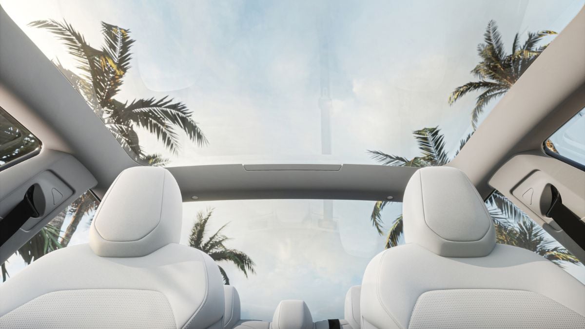 View from inside of a Tesla Model 3, looking up through a panoramic sunroof with white seats visible. Palm trees and a blue sky with clouds create a serene setting.