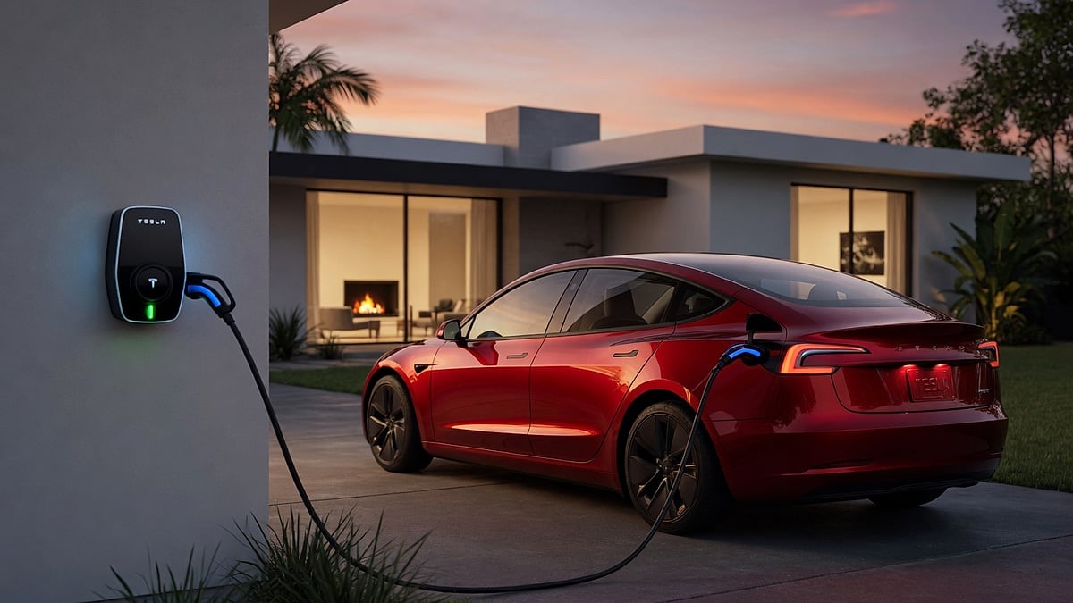 Tesla Model 3 charging at home in the evening