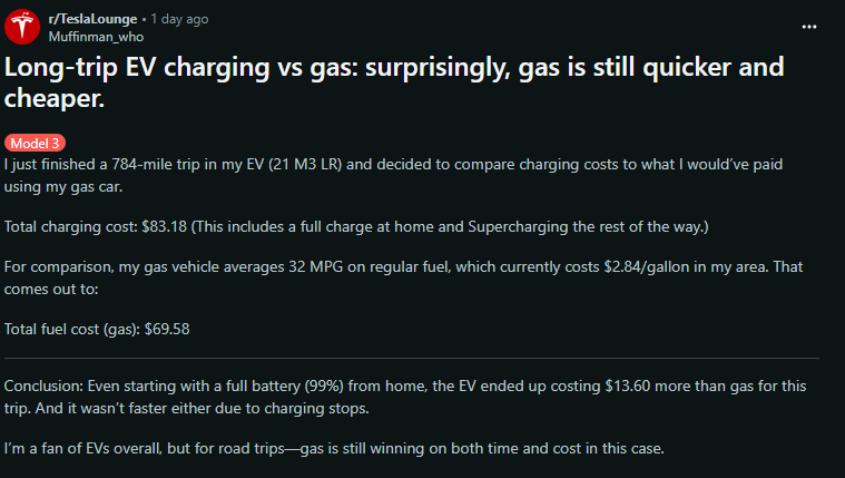 Comparison of EV and gas car costs for a 784-mile trip: EV costs $83.18, gas costs $69.58, highlighting gas's efficiency in this case.