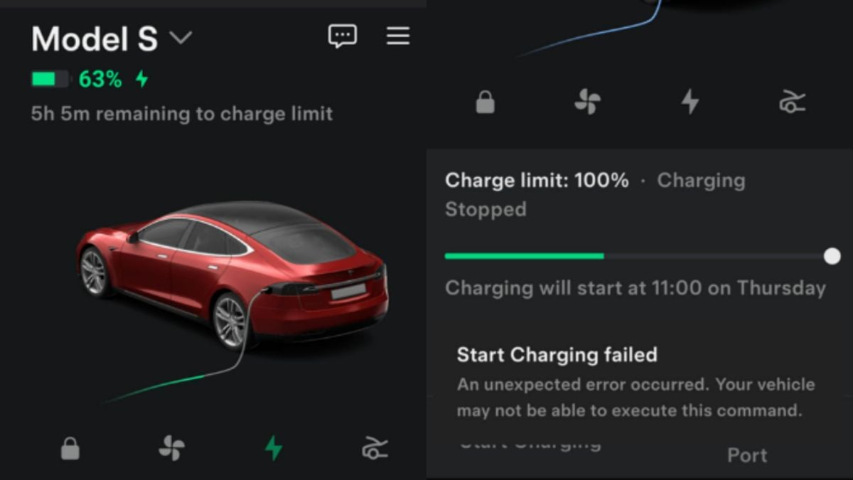 A Tesla Model S charging interface showing a 63% battery level with 5h 5m until the charge limit. An error message states 'Start Charging failed' with a note that charging is scheduled for 11:00 on Thursday. 