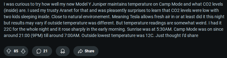 A user shares insights about their Tesla Model Y's Camp Mode, reporting low CO2 levels while monitoring temperature overnight with kids inside.