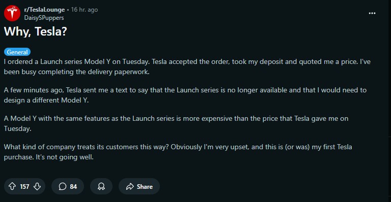 Tesla Model Y Launch Edition issue screenshot from Reddit