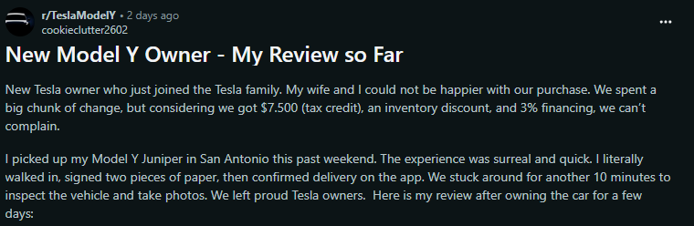 A new Tesla Model Y owner shares a positive experience of purchasing and inspecting their vehicle in San Antonio.