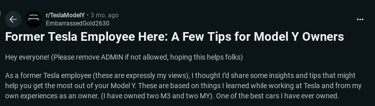 Post from a former Tesla employee sharing tips for Model Y owners, emphasizing personal experiences and insights gained from working at Tesla.