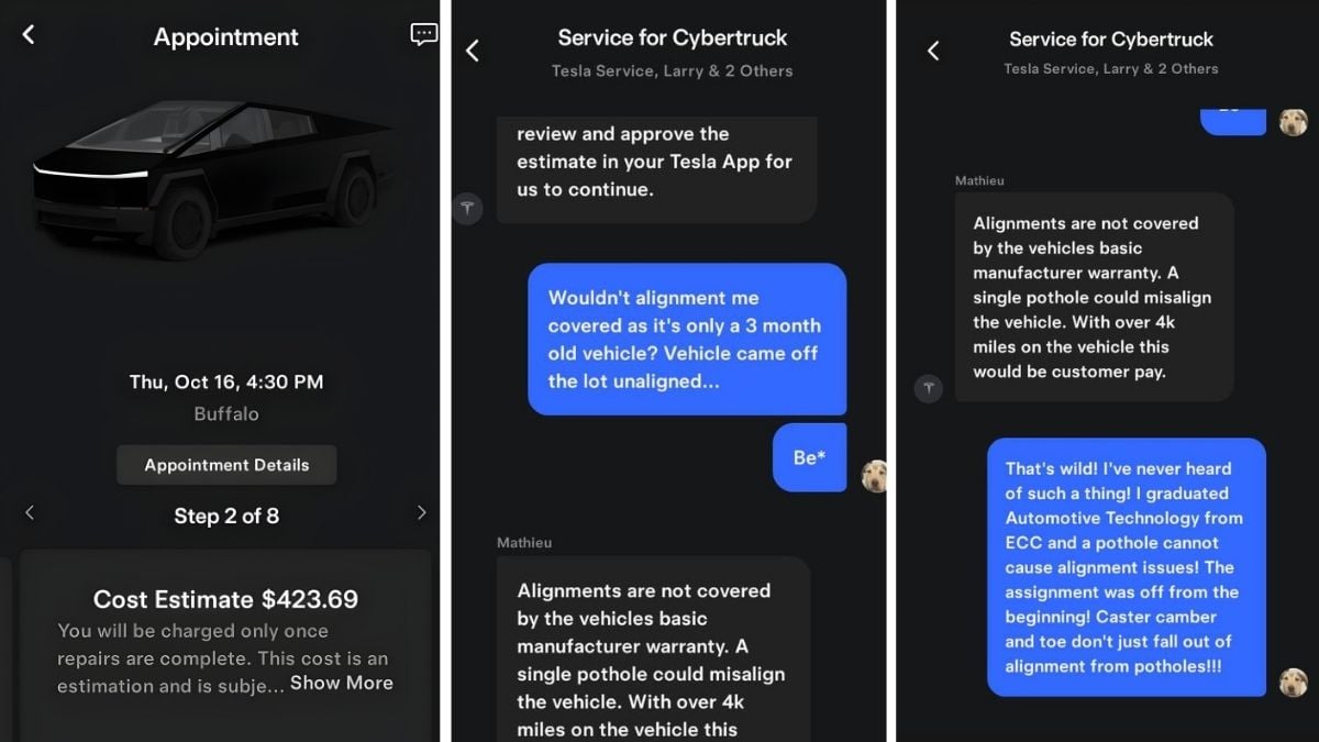 A Cybertruck Owner Says Tesla Is Asking Him to Pay $423 For Wheel Alignment on a 3-Month-Old Vehicle – Adds, “The Cybertruck Came Off The Line With Alignment Issues, It’s Tesla’s Responsibility To Fix It For Free”