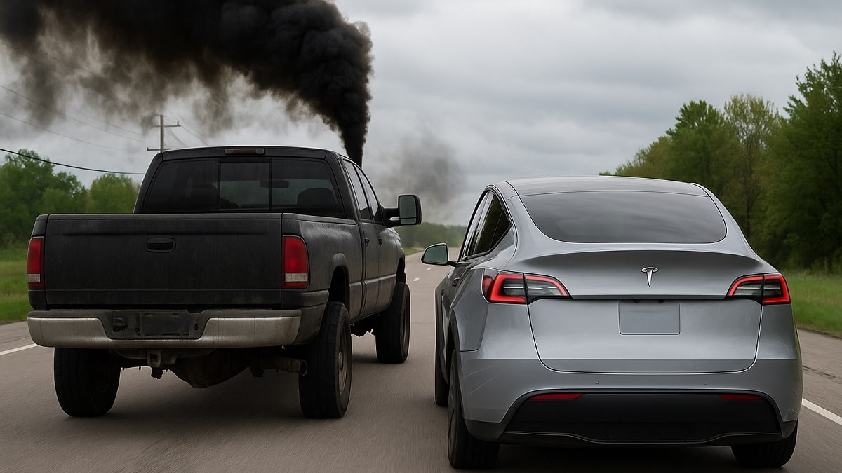 Tesla Model Y getting coal rolled by pickup truck