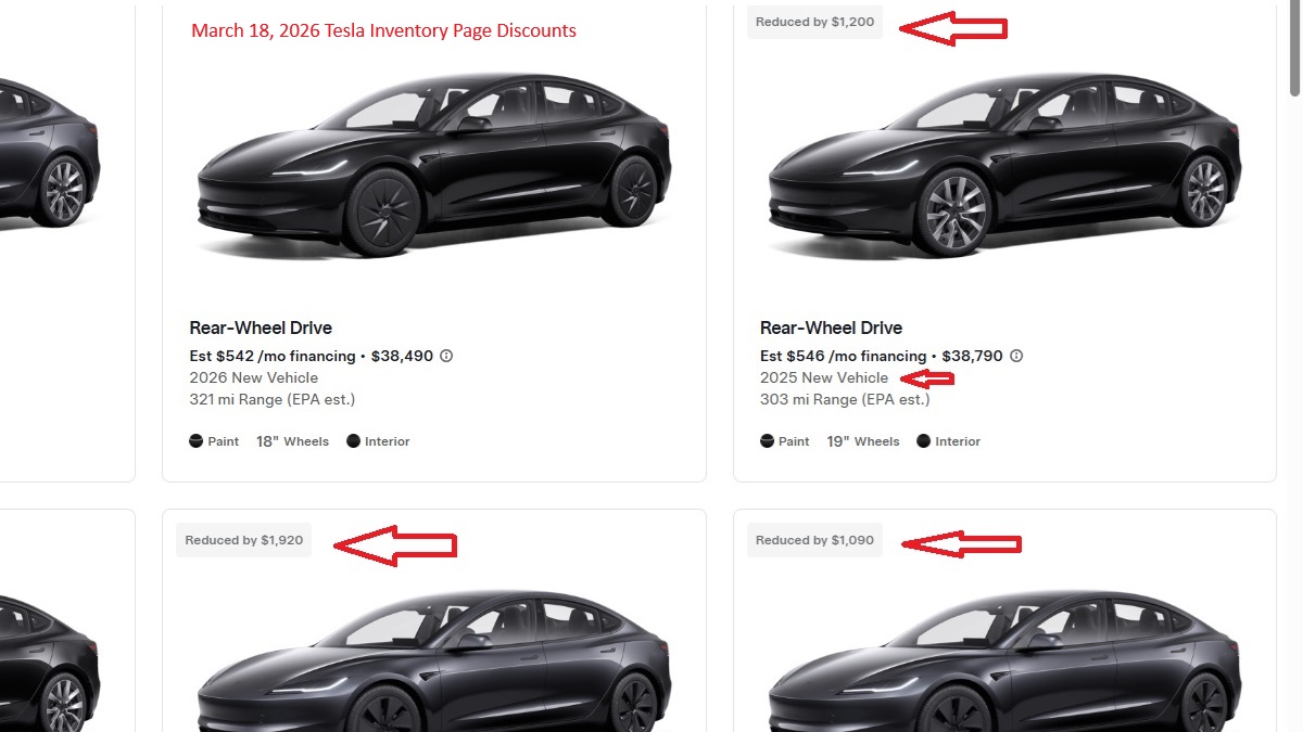 A screenshot shows many discounted new Tesla vehicles