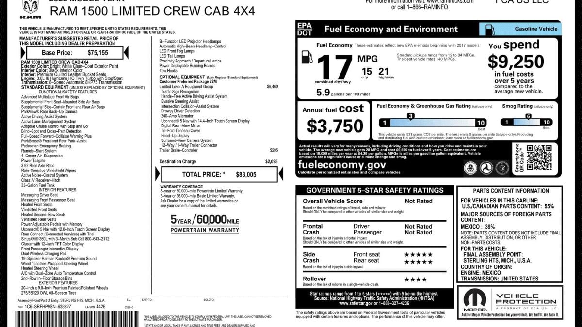 Sticker for a RAM 1500 Limited Crew Cab 4x4 showing price, features, and optional equipment. Includes fuel economy, cost estimates, safety ratings, and warranty.