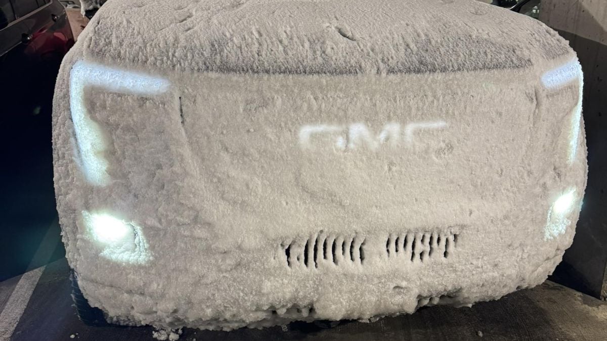 The lower part of Ulises' GMC Sierra EV in the NYC Blizzard