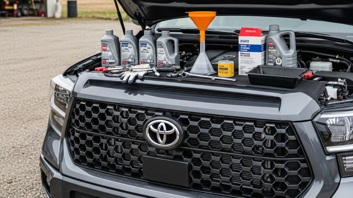 This 2025 Toyota Tundra truck is ready for an oil change with all types of oil-change equipment placed on the hood
