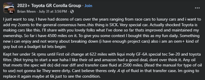 A user shares their experience with the 2023 Toyota GR Corolla, detailing maintenance tips and ownership insights in a car enthusiast group.