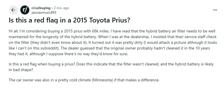 Used Toyota Prius Shopper Worried About Dirty Battery Air Filter Found