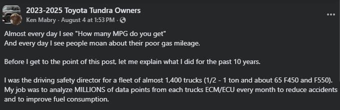 A Facebook post from Ken Mabry discussing gas mileage complaints among Toyota Tundra owners and his experience as a fleet safety director.