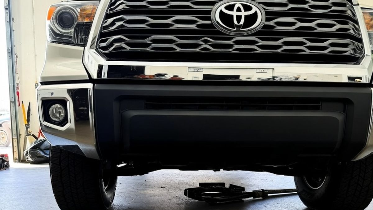 Toyota Tundra is getting an oil changed and its oil is being emptied